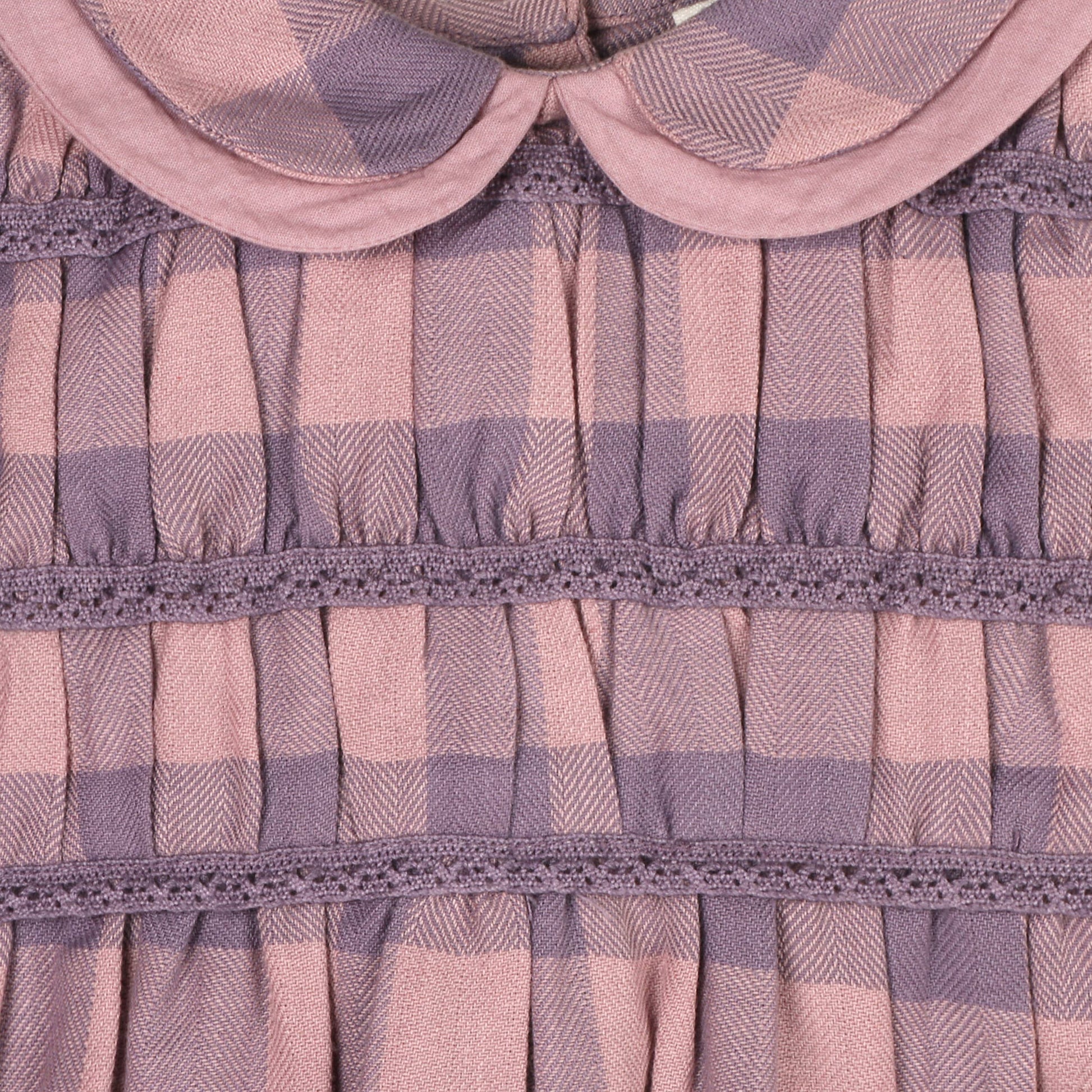 Close-up of a pink and purple checkered fabric with lace trim