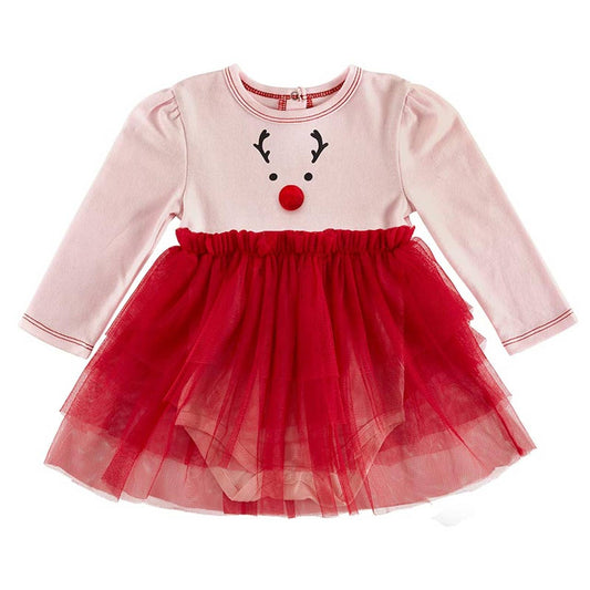Children's dress with reindeer design on a white background