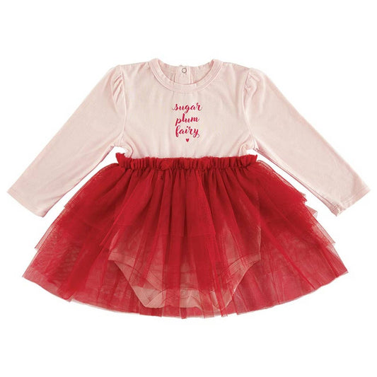 Children's dress with red tulle skirt and pink top on a white background