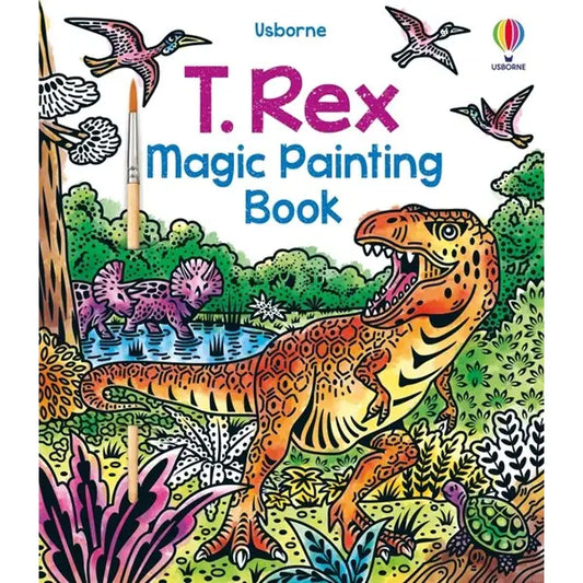 Colorful book cover of 'T. Rex Magic Painting Book' by Usborne with a dinosaur and painting tools.