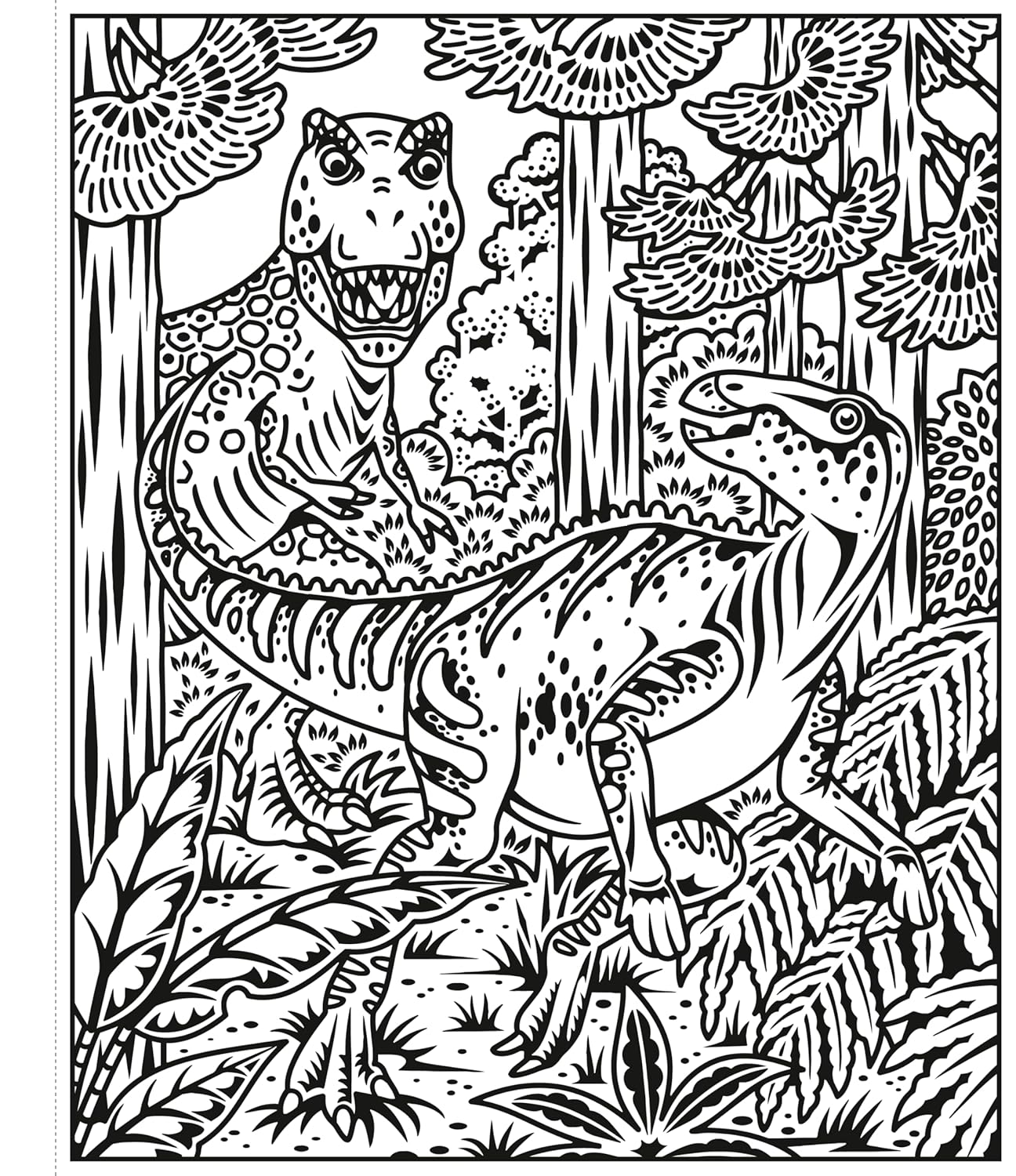 Coloring page with two dinosaurs in a jungle setting