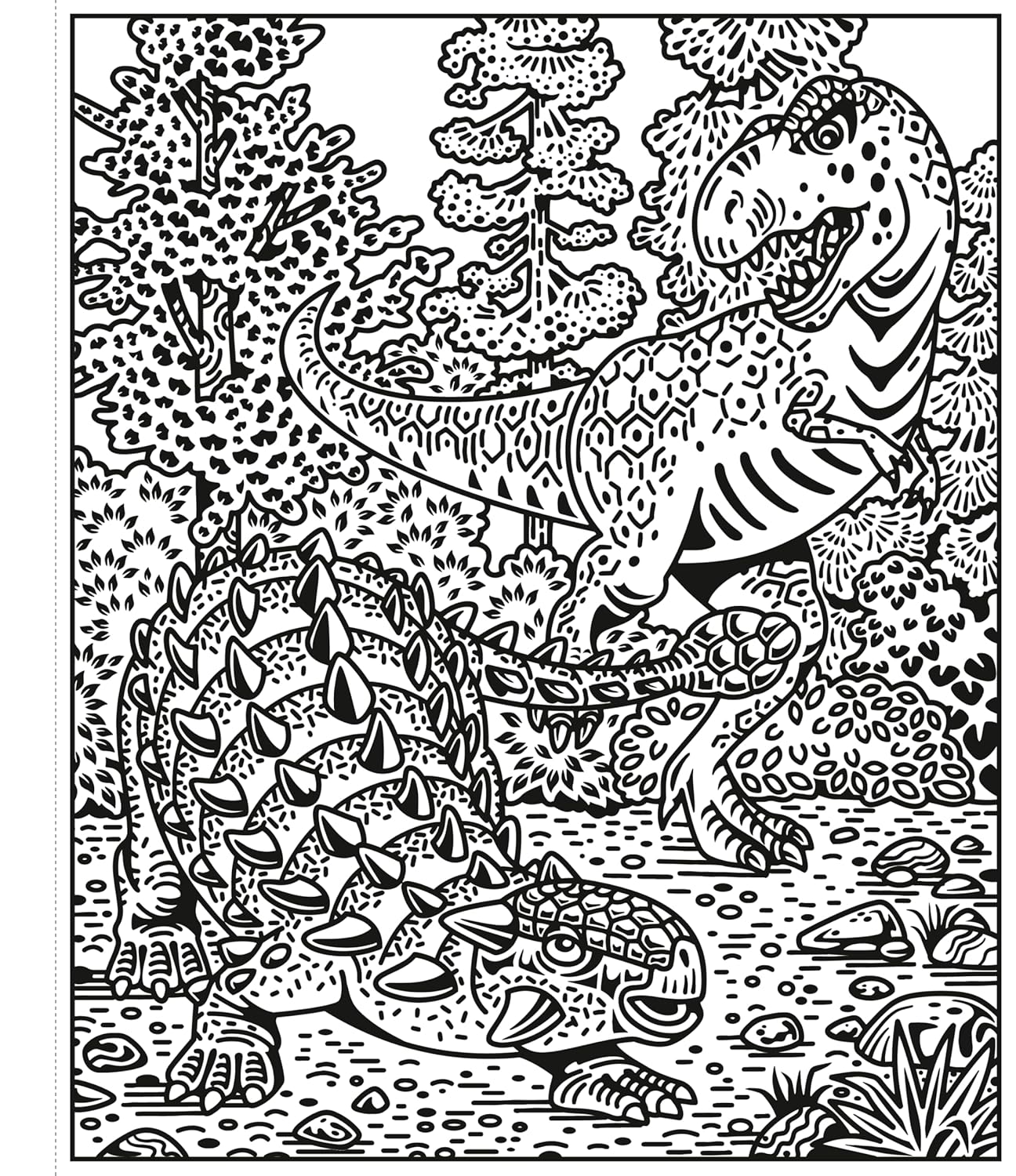 Coloring page with a detailed illustration of a dinosaur and fish in a natural setting.