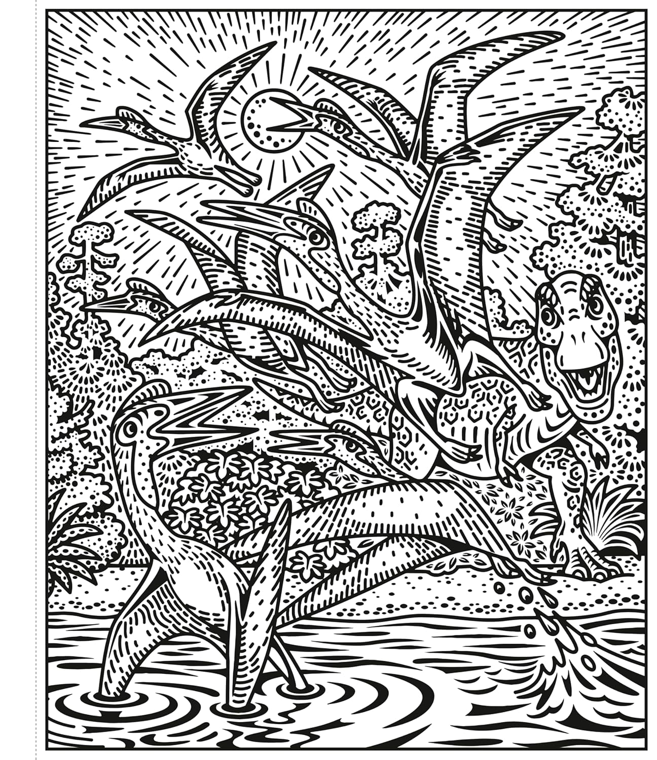 Black and white illustration of a prehistoric scene with dinosaurs and plants.