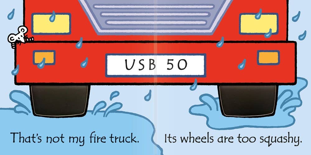 Cartoon fire truck with 'USB 50' on the front, surrounded by water droplets.