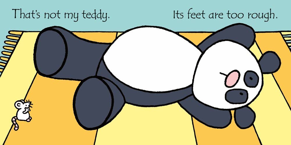 Cartoon panda with a small mouse next to it on a yellow floor.