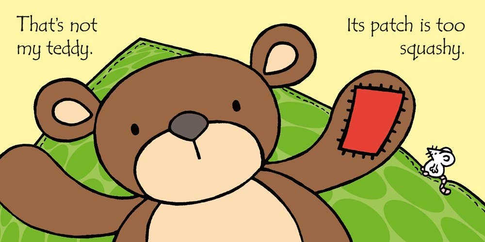 Cartoon bear with a patch on its paw, surrounded by green leaves, with text indicating it's not my teddy and its patch is too squishy.