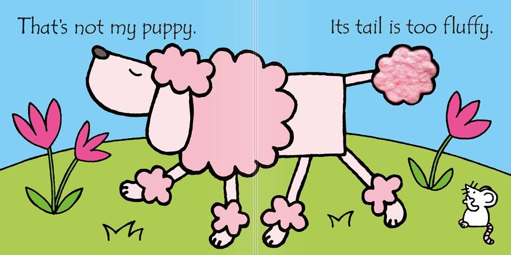 Cartoon dog with a fluffy pink tail in a grassy field with flowers, part of a children's book illustration.