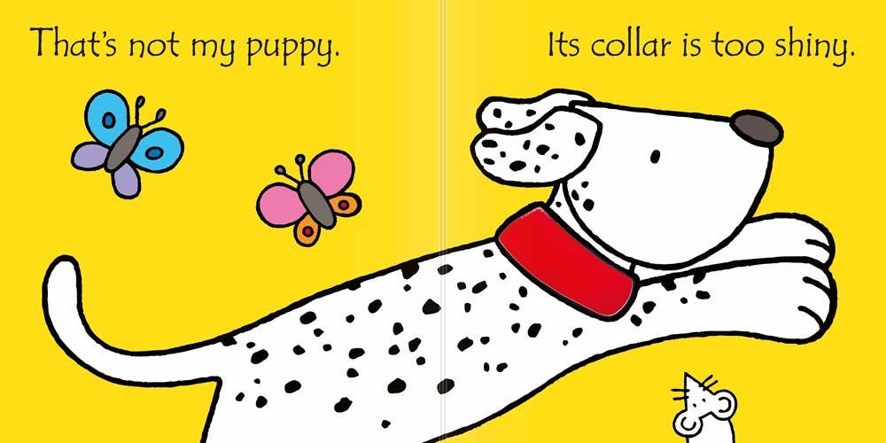 Illustration of a dog with a red collar and butterflies on a yellow background