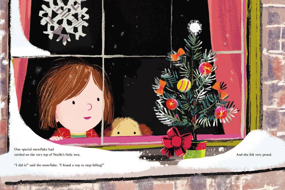 Illustration of a child looking out a window at a decorated Christmas tree and snowflakes.