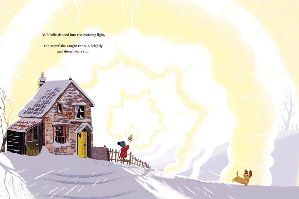 Illustration of a snowy landscape with a house and a dog, featuring text.