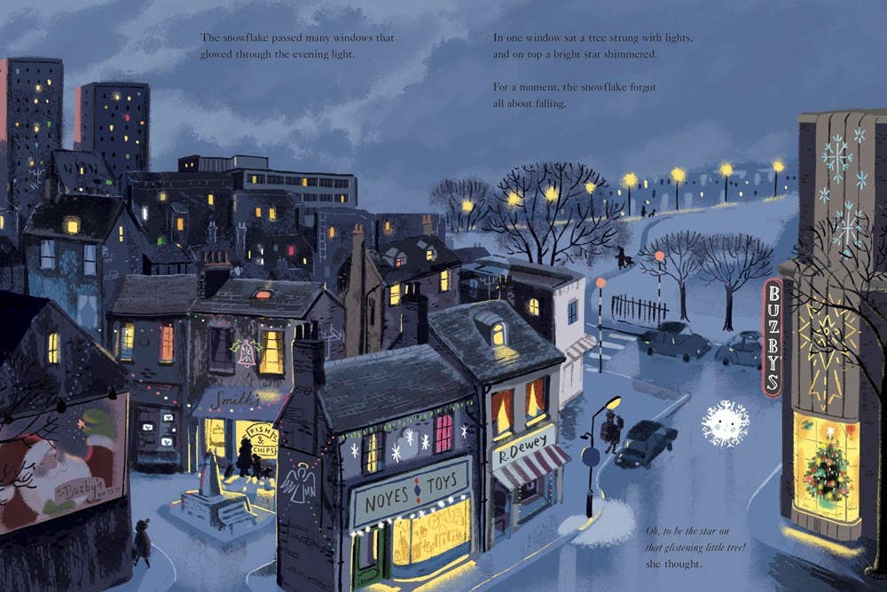 Illustration of a snowy town street at night with lit storefronts and people walking.