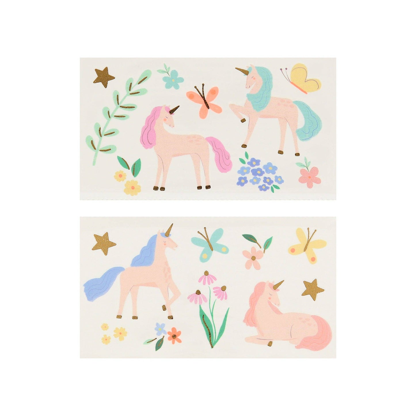 Two sheets of unicorn-themed stickers with pastel colors on a white background.