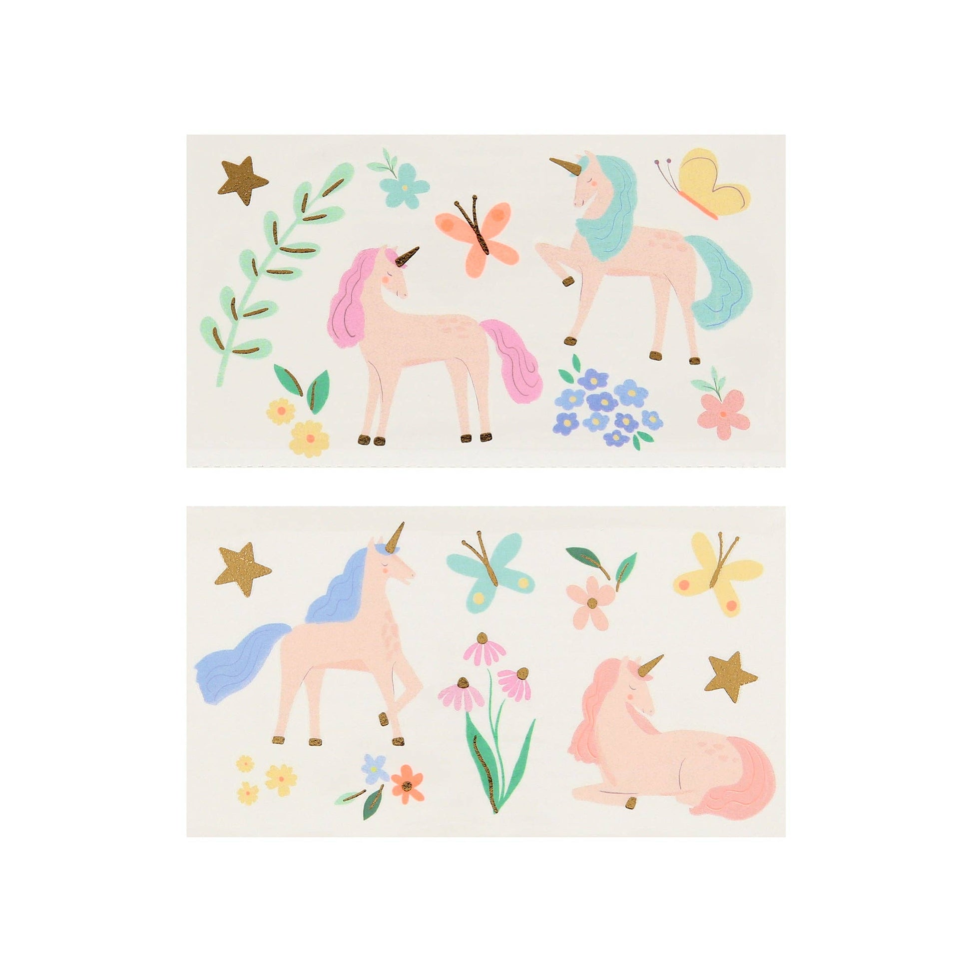 Two sheets of unicorn-themed stickers with pastel colors on a white background.