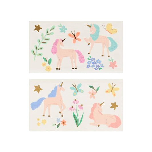 Two sheets of unicorn-themed stickers with pastel colors on a white background.