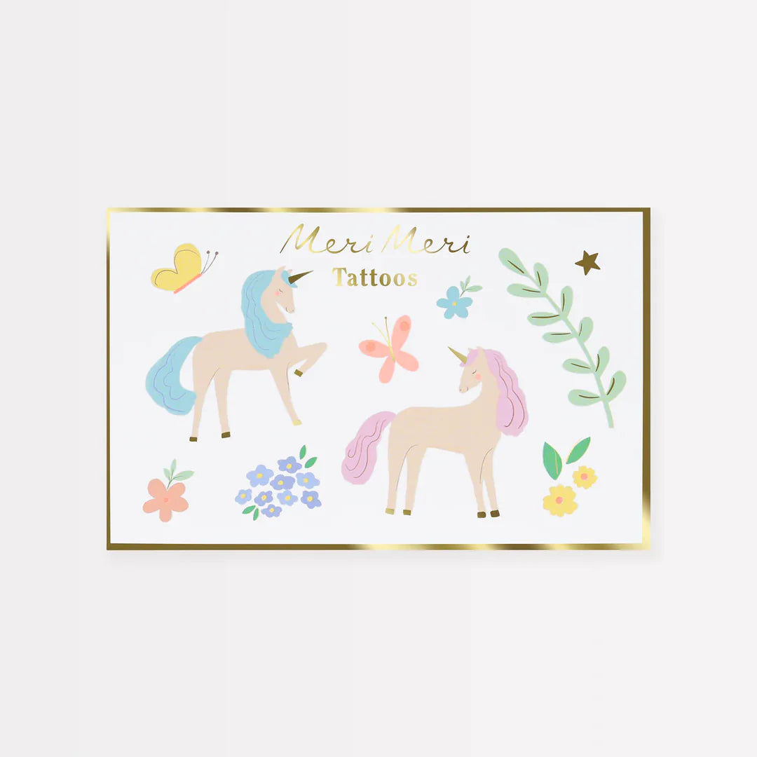 Unicorn tattoos packaging with Meri Meri branding on a white background