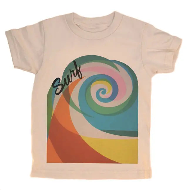 Beige t-shirt with a colorful spiral design and 'Surf' text on a white background