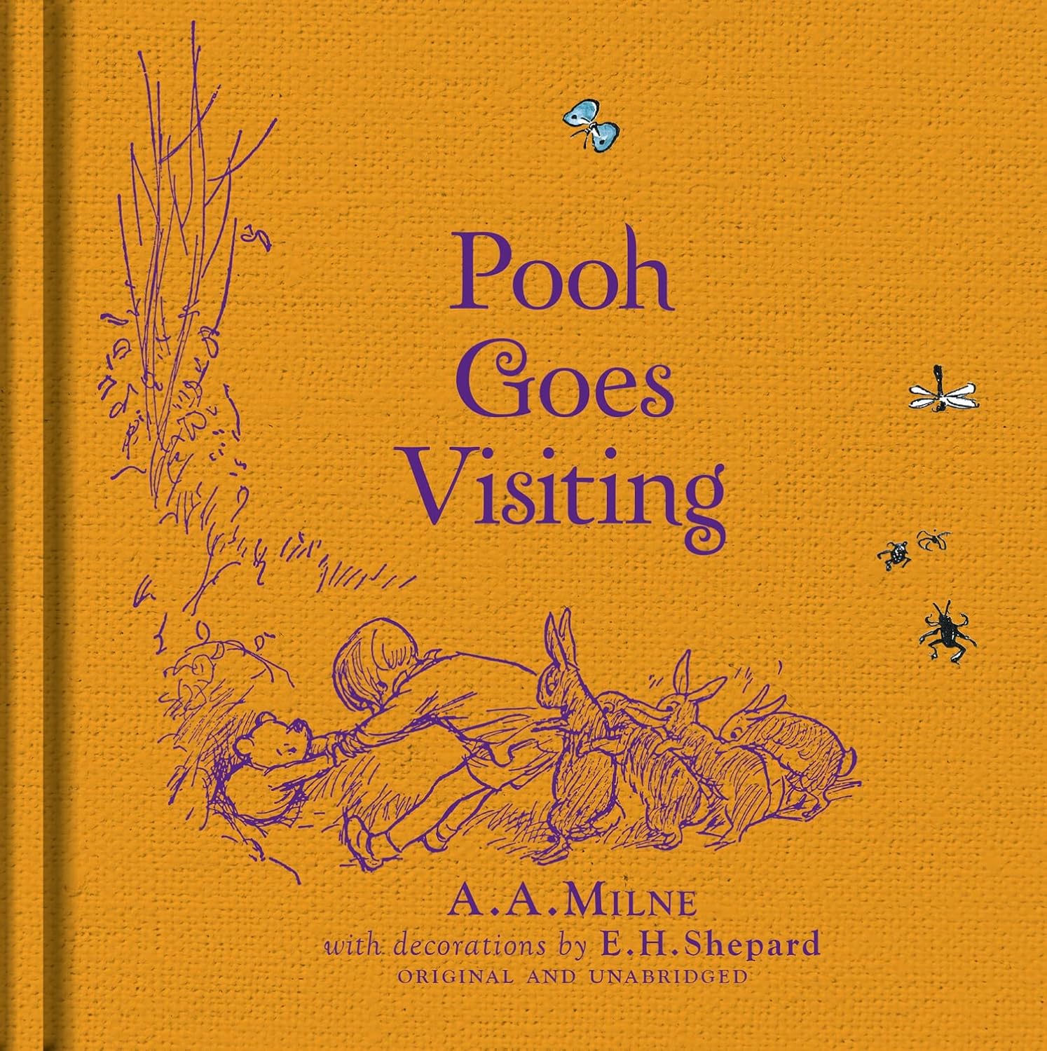 Book cover of 'Pooh Goes Visiting' with illustrations and text on a yellow background