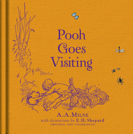 Book cover of 'Pooh Goes Visiting' with illustrations and text on a yellow background