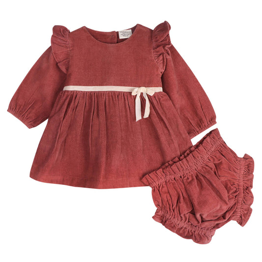 Amber Velvet Baby Dress & Bloomer Set (Organic Cotton): Terracotta - Bossy Beans