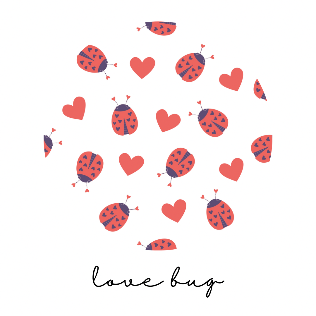 Pattern of ladybugs and hearts with 'love bug' text on a white background