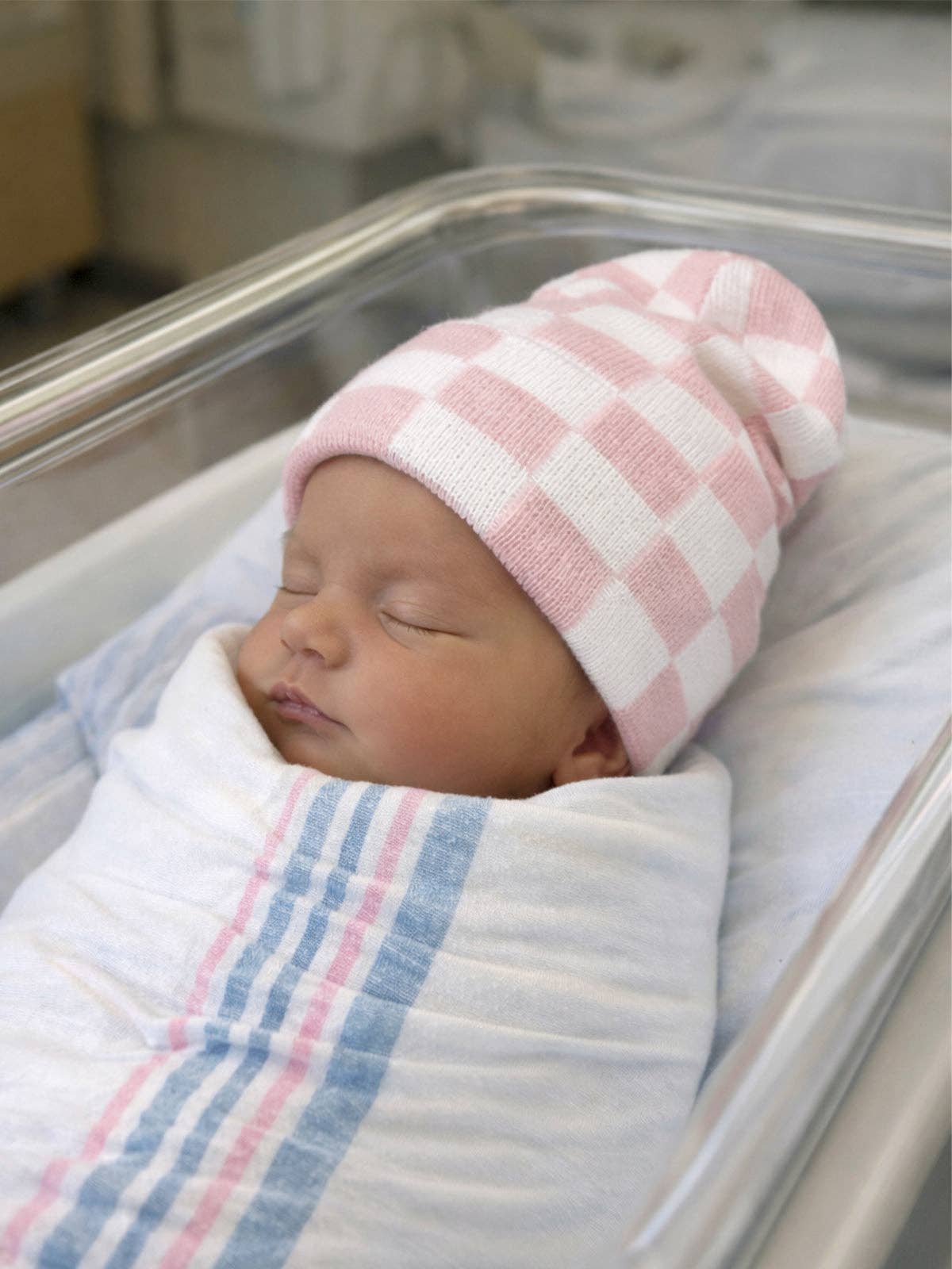 Baby's First Hat - Petal Pink / Warm White Checkerboard - Bossy Beans