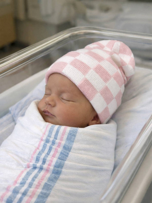 Baby's First Hat - Petal Pink / Warm White Checkerboard - Bossy Beans