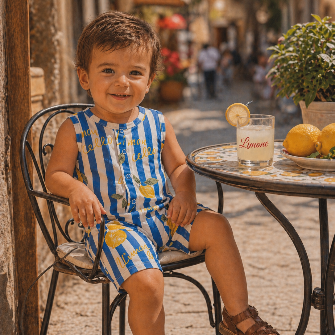 Child in a blue and white striped outfit sitting on a chair outdoors with a table and lemonade in the background.