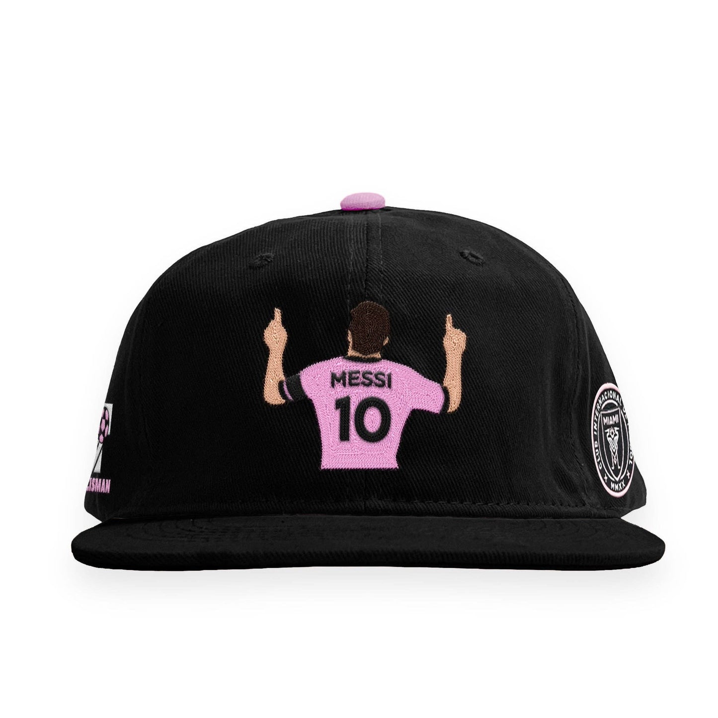 Black cap with Messi design on a white background