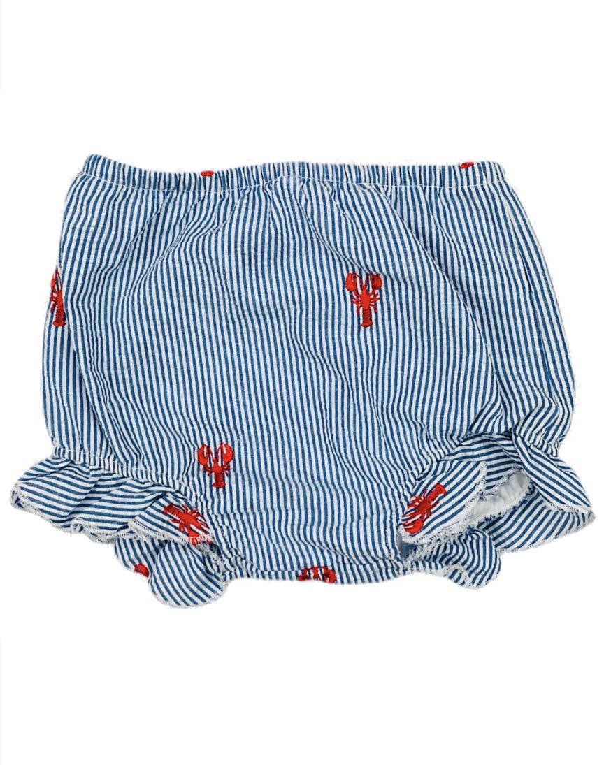 Blue Seersucker Baby Bloomers with Red Embroidered Lobsters - Bossy Beans