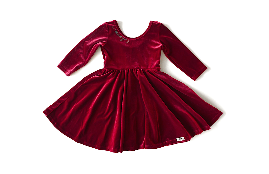 Christmas 2025 Holiday Twirly Dress in Burgundy Velvet - Bossy Beans