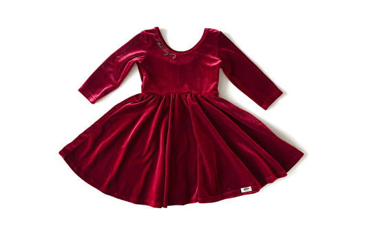 Christmas 2025 Holiday Twirly Dress in Burgundy Velvet - Bossy Beans
