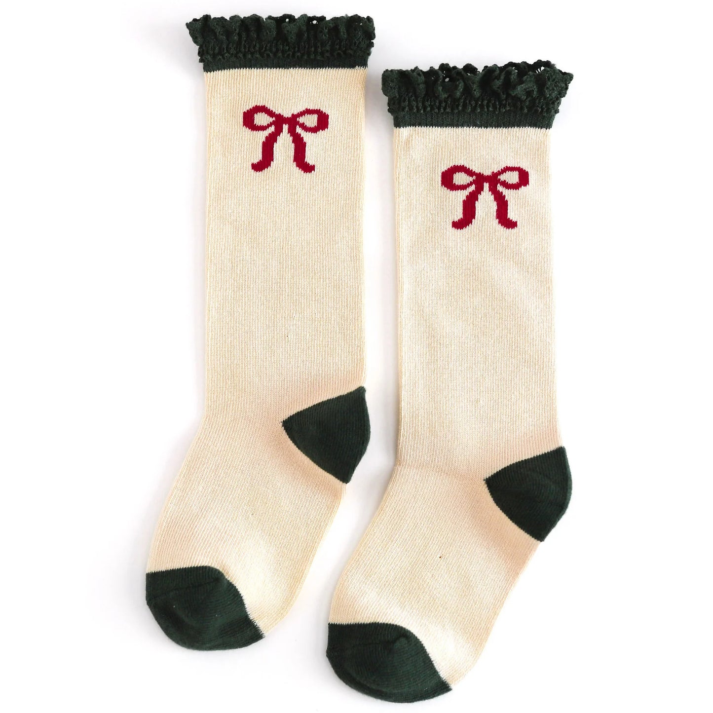 Pair of socks with red bows and black cuffs and toes on a white background