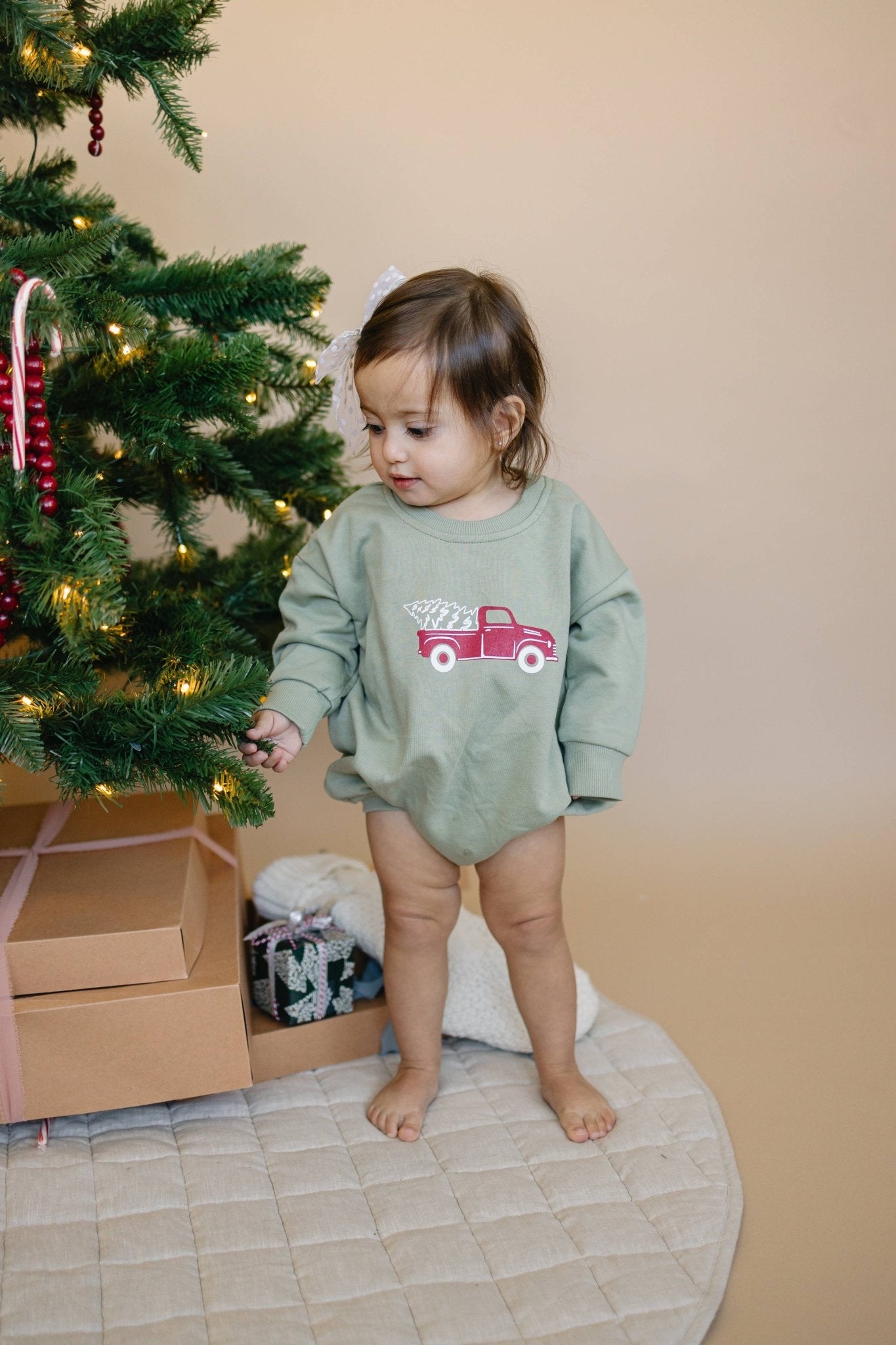 Christmas Tree Truck Sweatshirt Romper - Bossy Beans