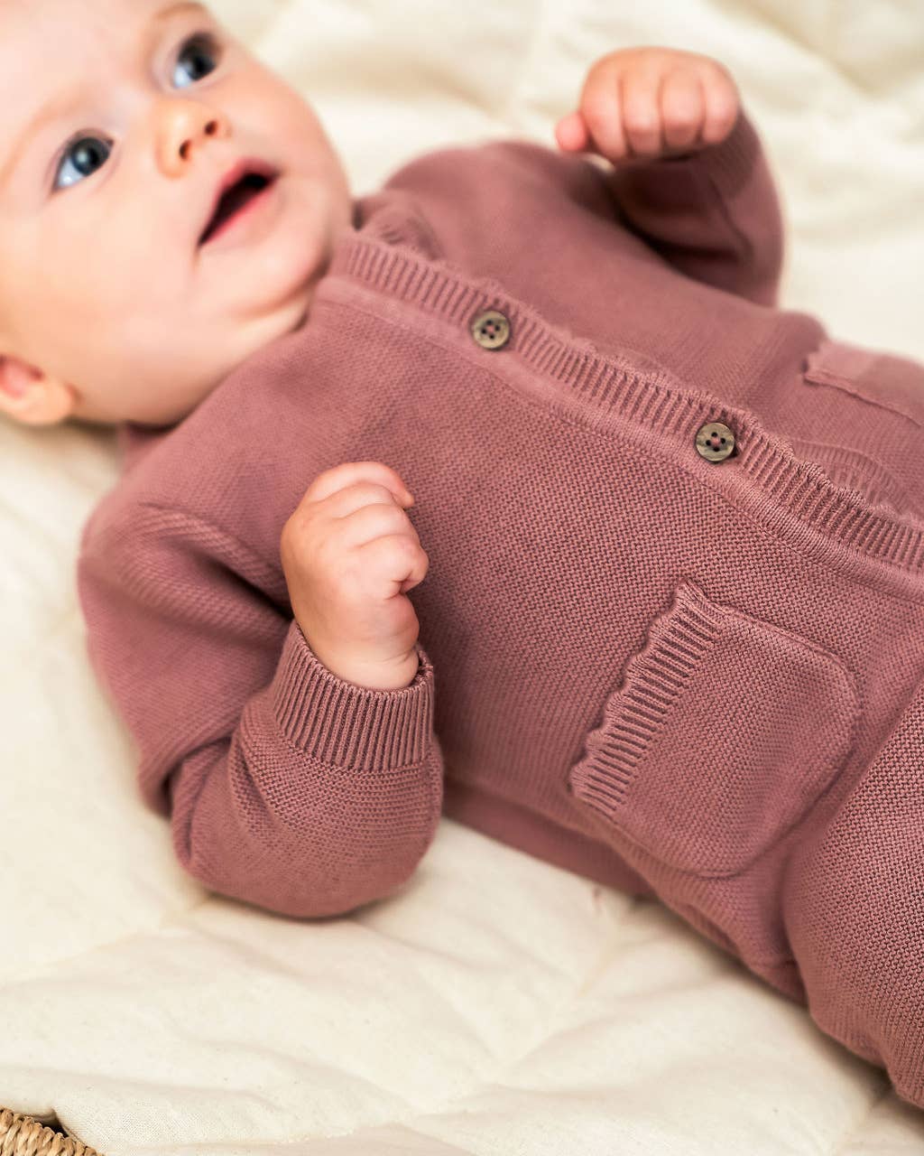 Classic Pocket & Button Chunky Knit Baby Jumpsuit Organic: Vintage Rose Mix - Bossy Beans
