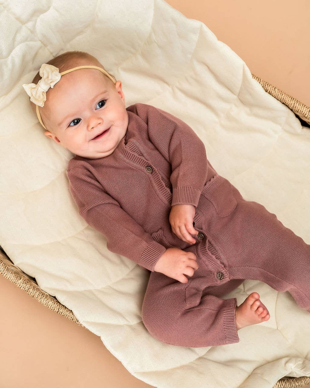 Classic Pocket & Button Chunky Knit Baby Jumpsuit Organic: Vintage Rose Mix - Bossy Beans
