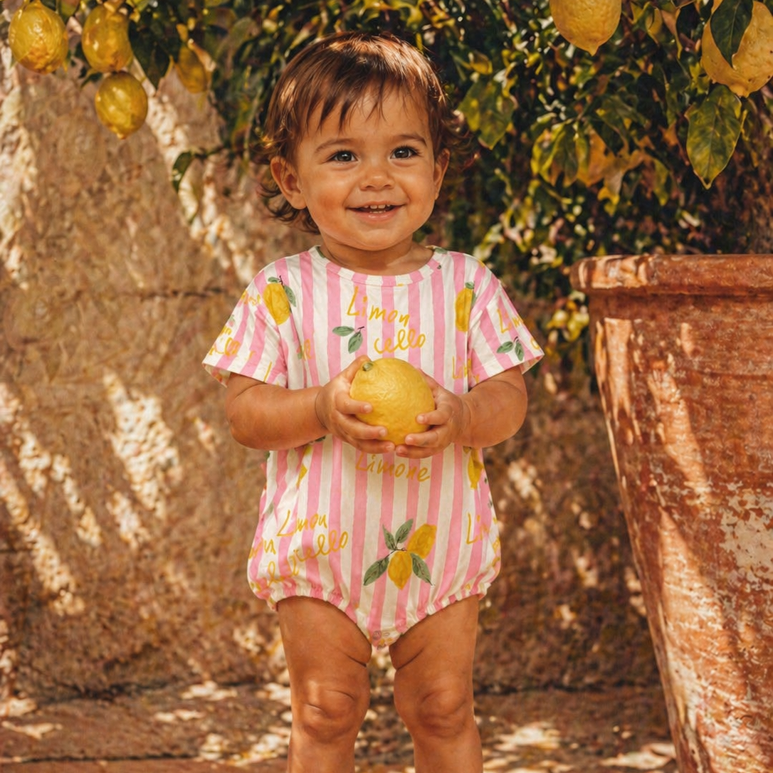 Child in a pink lemon-patterned outfit standing among lemon trees