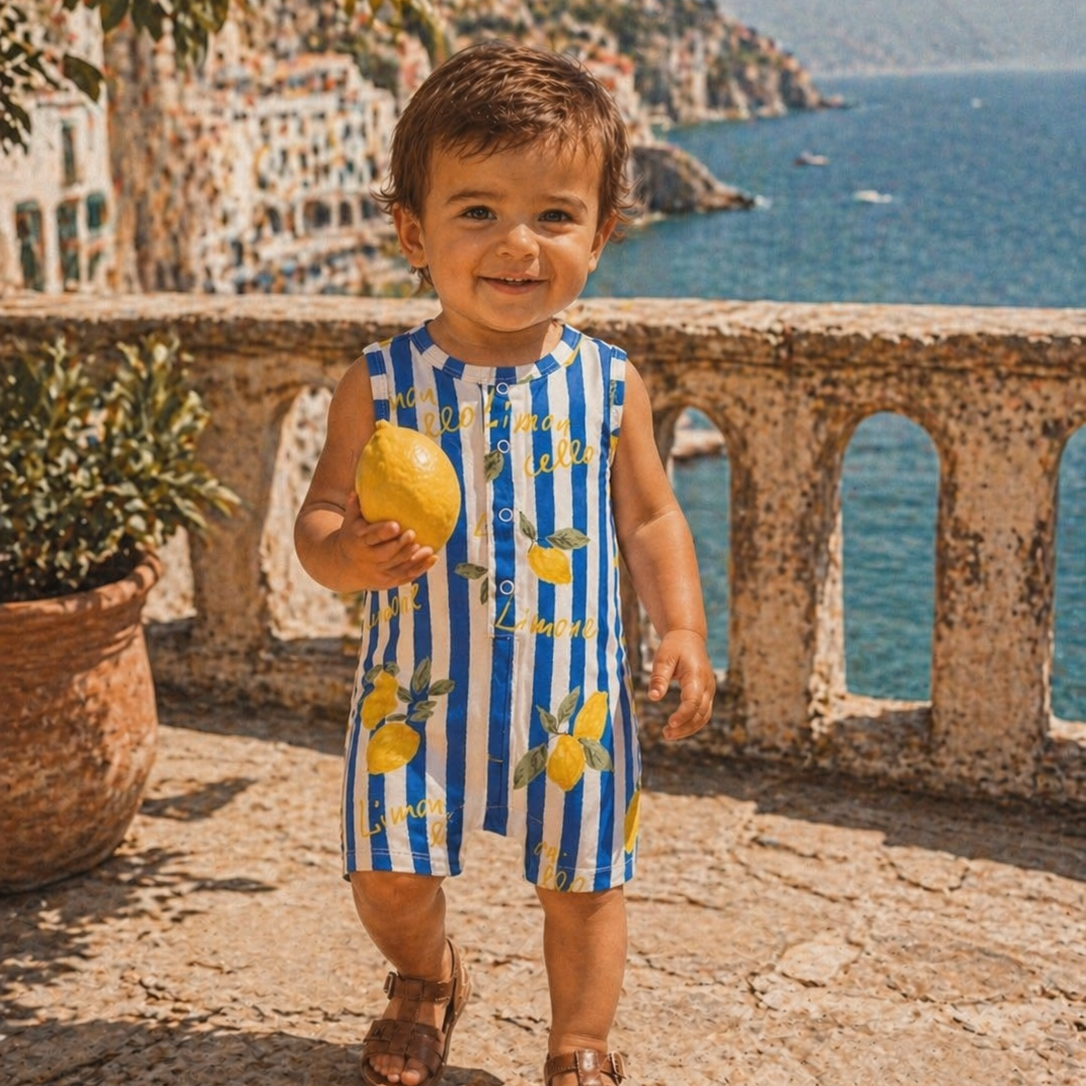 Child in a striped outfit with lemon design holding a lemon, standing on a stone ledge with ocean and mountains in the background.