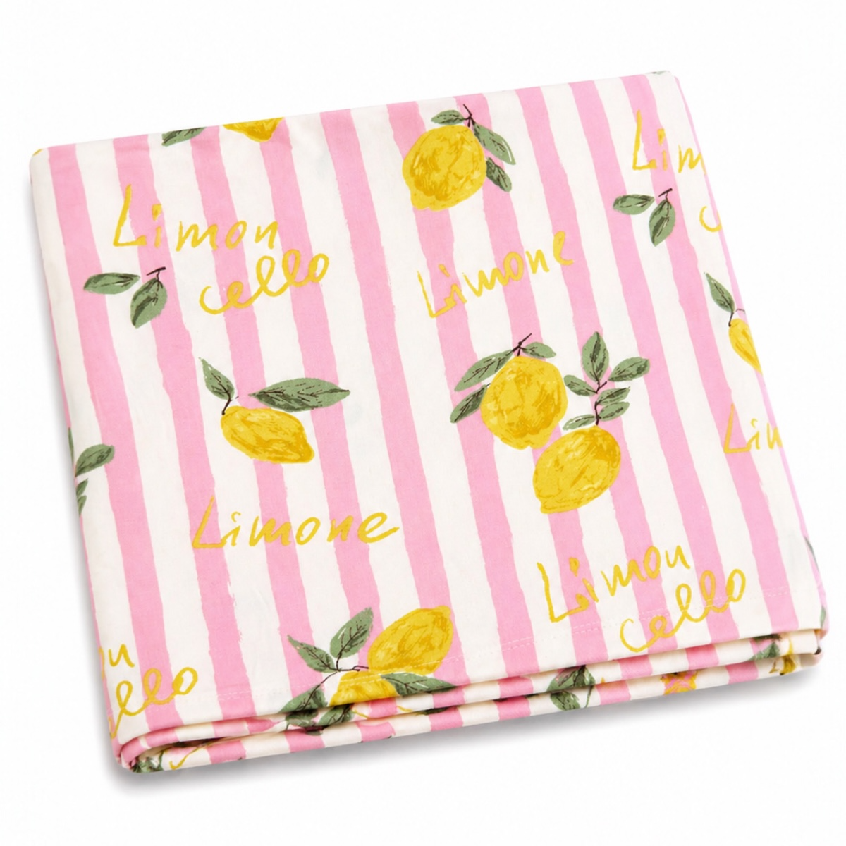 Folded fabric with pink stripes and yellow lemons on a white background