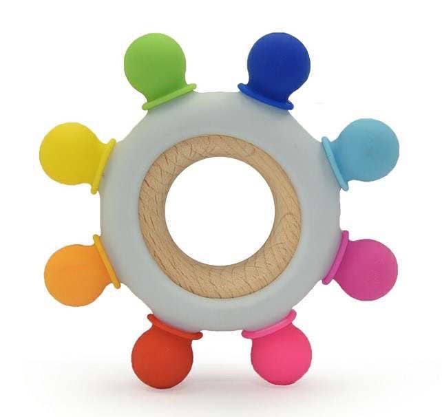 Silicone/Wood Teether- Bright Rainbow