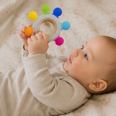Silicone/Wood Teether- Bright Rainbow