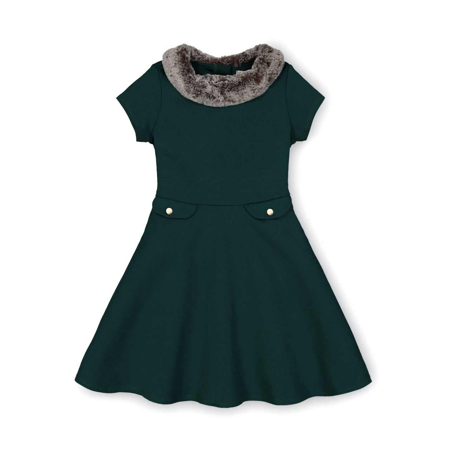 Fit and Flare Ponte Dress with Faux Fur: Deep Green - Bossy Beans