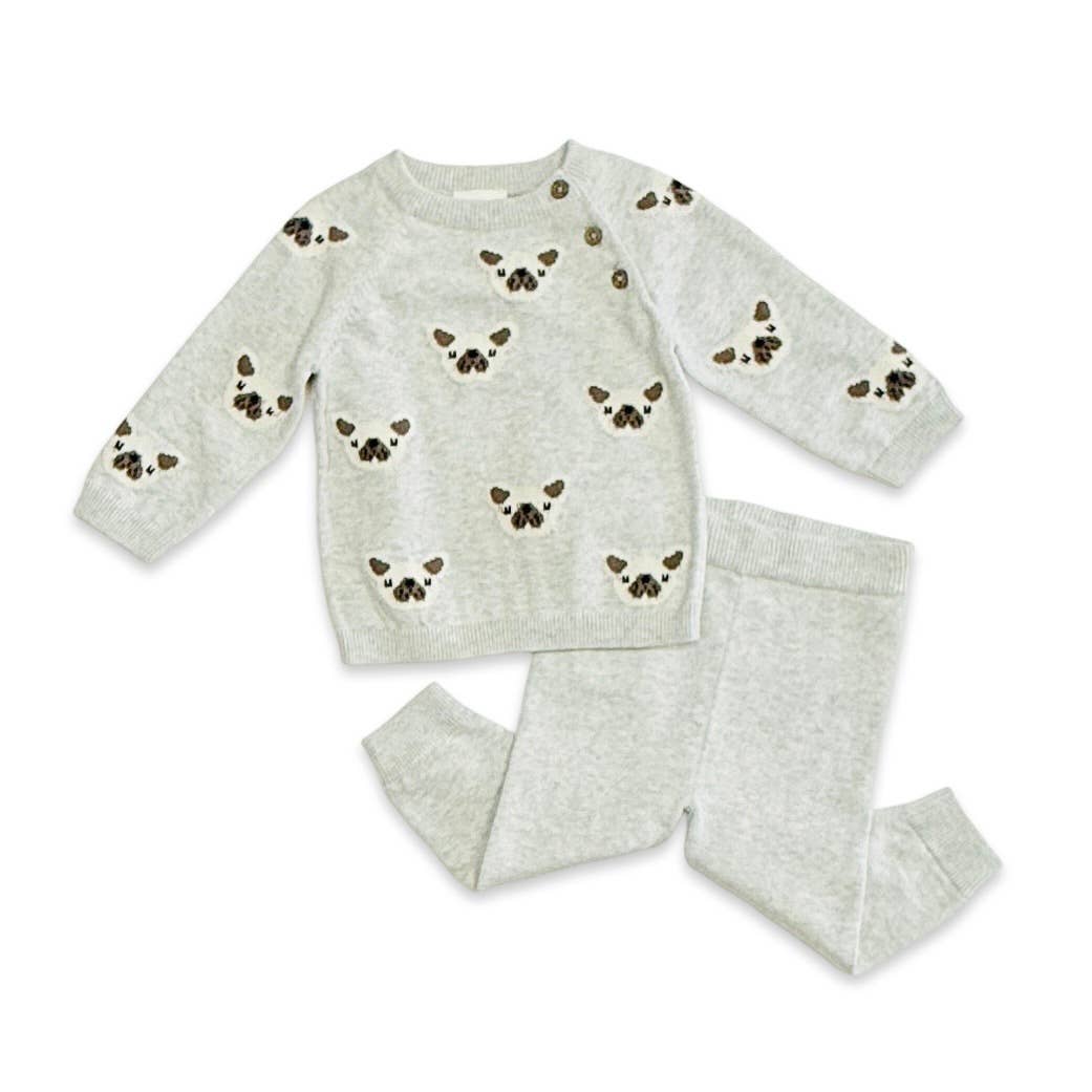 Frenchie Puppy Jacquard Knit Baby Pullover + Pants Organic: Pearl Grey Heather - Bossy Beans
