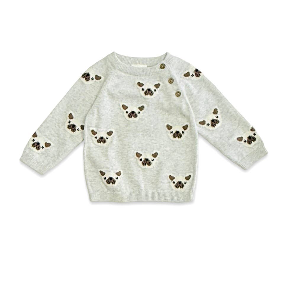 Frenchie Puppy Jacquard Knit Baby Pullover + Pants Organic: Pearl Grey Heather - Bossy Beans