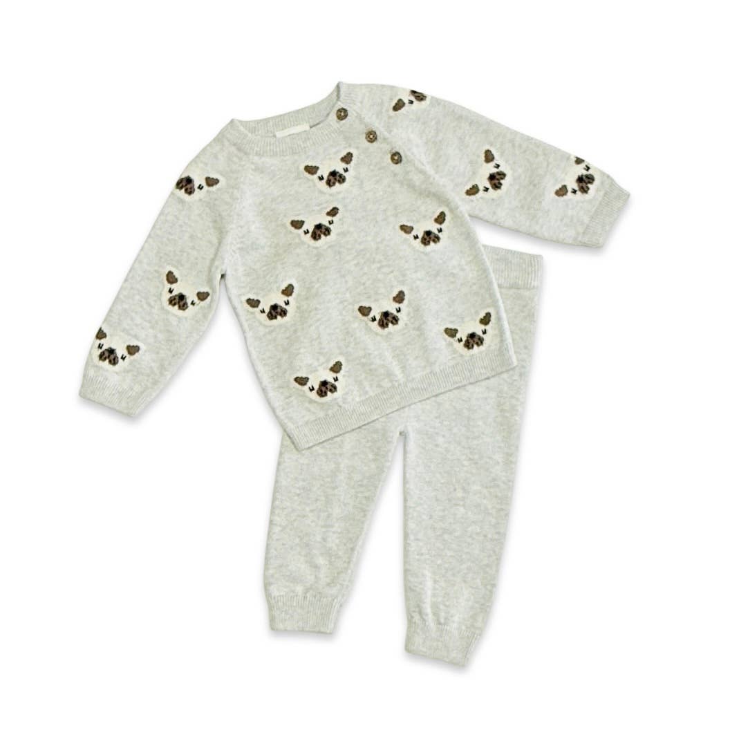 Frenchie Puppy Jacquard Knit Baby Pullover + Pants Organic: Pearl Grey Heather - Bossy Beans