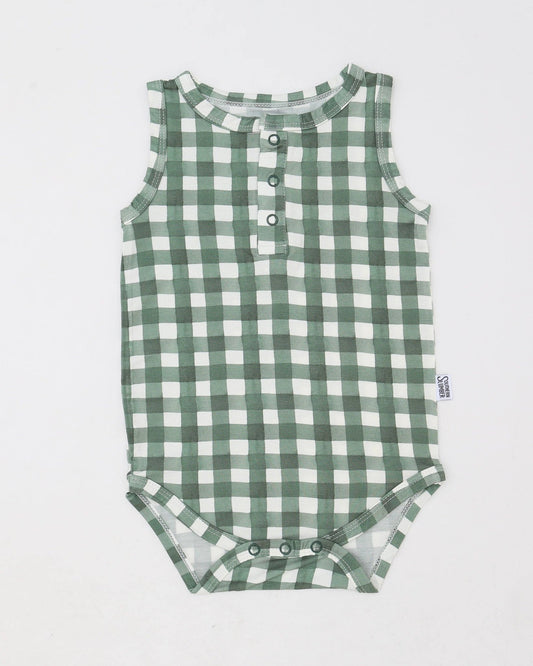 Green Gingham Bamboo Henley Onesie with Snaps - Bossy Beans
