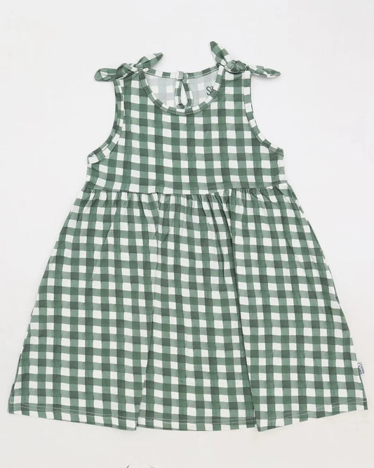 Green Gingham Bamboo Shoulder Tie Dress - Bossy Beans