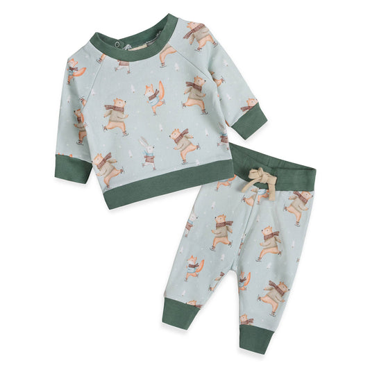 Ice Skaters Baby Sweatshirt & Pants Set (Organic Fleece): Sage - Bossy Beans