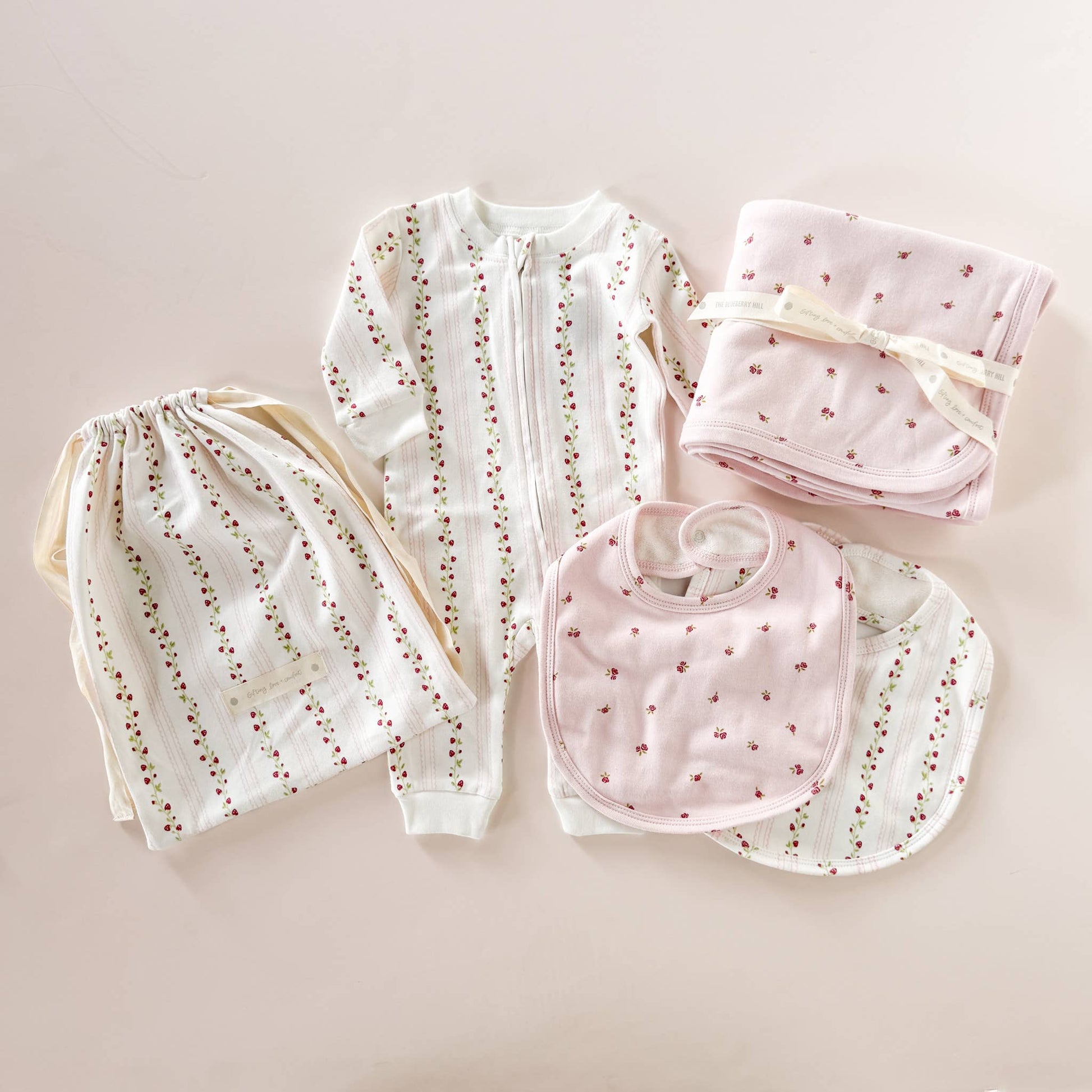 Layette Set Strawberry Pink Rose - Newborn Baby Shower Gift - Bossy Beans
