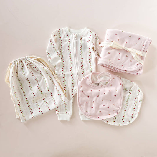 Layette Set Strawberry Pink Rose - Newborn Baby Shower Gift - Bossy Beans