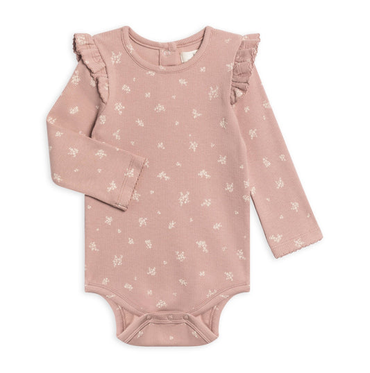 Leza Ribbed Ruffle Long Sleeve Bodysuit: Amaya Floral / Mauve - Bossy Beans